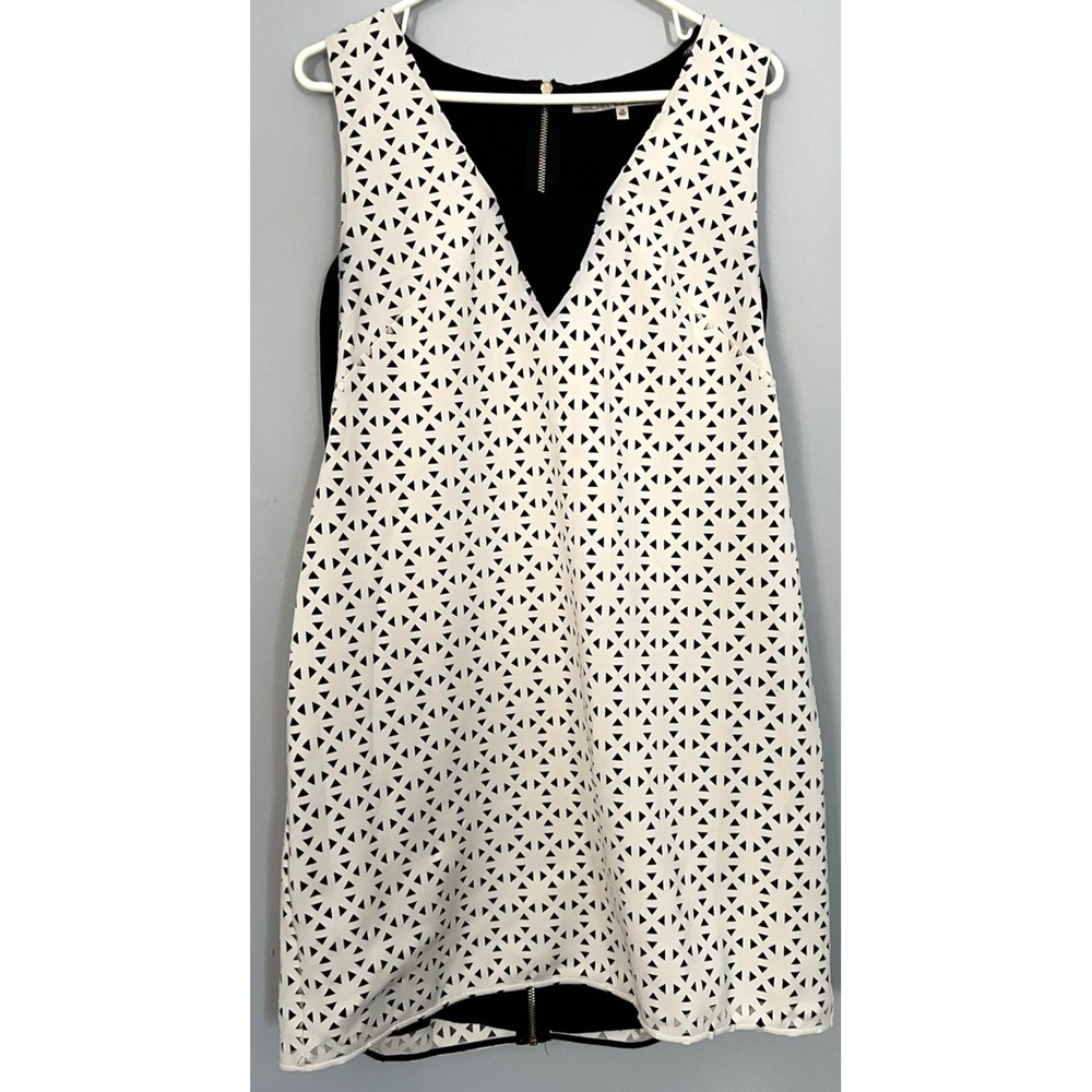 Rachel Rachel Roy Dress Womens 14 White Black Sleeveless V-Neck Shift Laser Cut